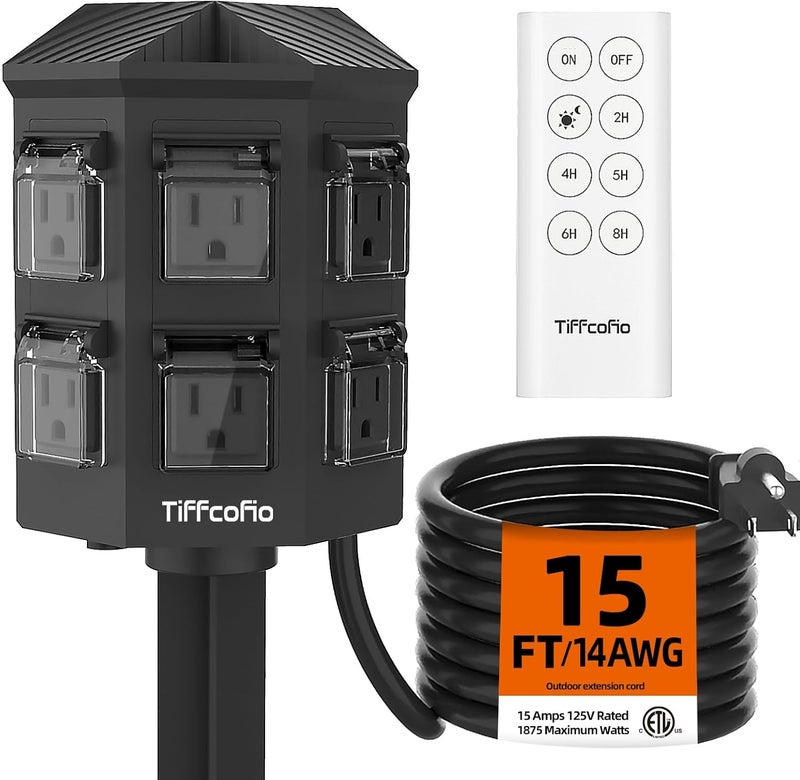 Tiffcofio Outdoor Power Strip with 15 FT Extension Cord, 100FT Remote Control, Dusk to Dawn Light Timer Waterproof, 6 Grounded Outlets for Yard, Pool and Garden, ETL Listed - Image 1